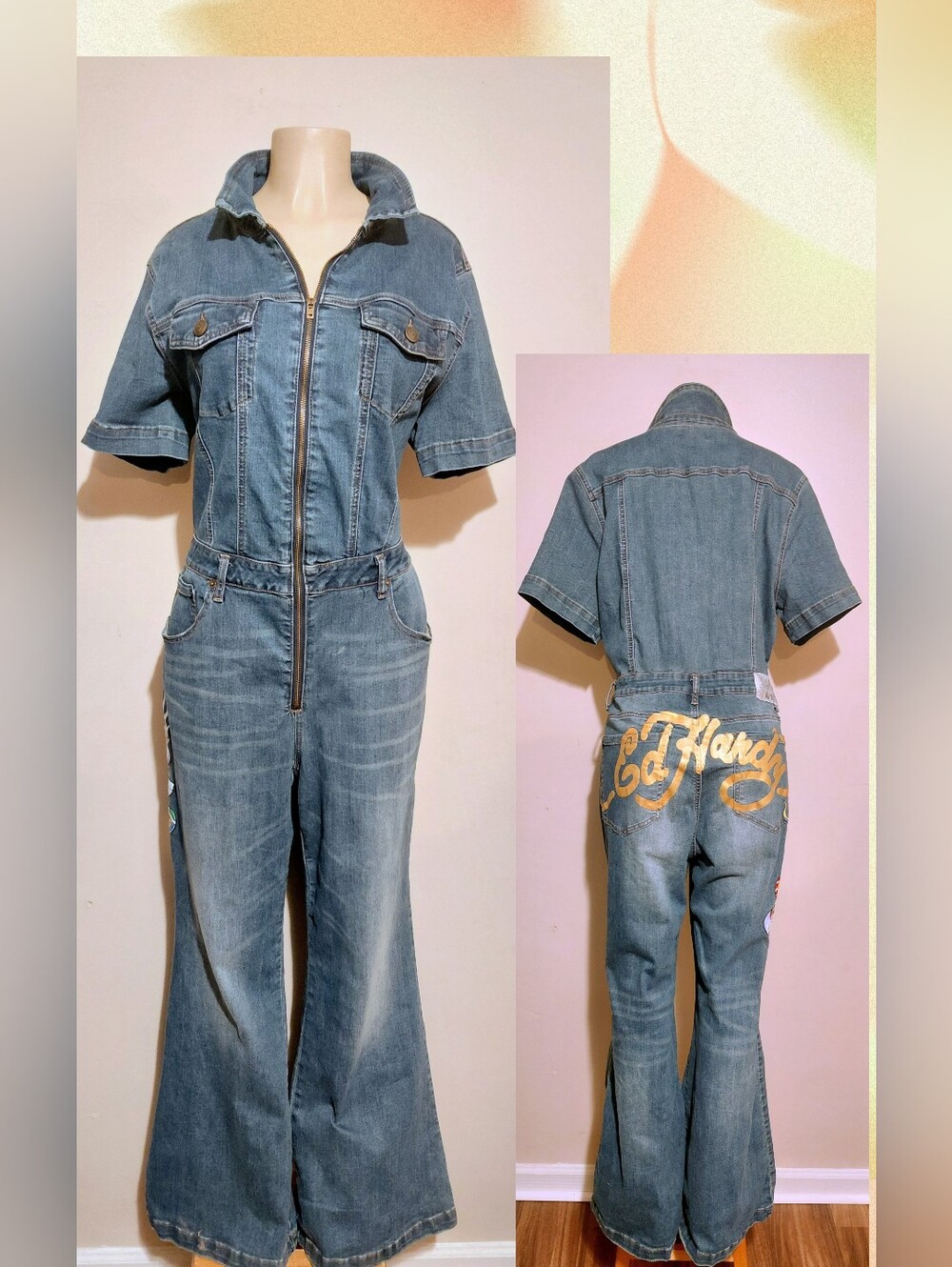 FN Ed Hardy Blue Denim Short-Sleeve Jumpsuit with Embroidered Back 2x